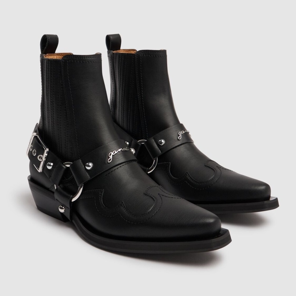 Brand New Ganni Low Cut Western Chelsea Boots in Black Size 37